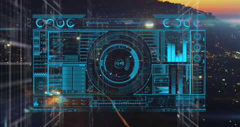 Futuristic Digital Screen Overlay on Night Cityscape