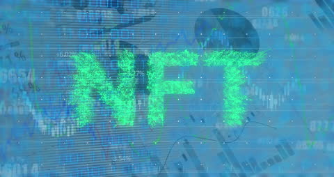NFT Text Amidst Digital Binary Code and Stock Charts