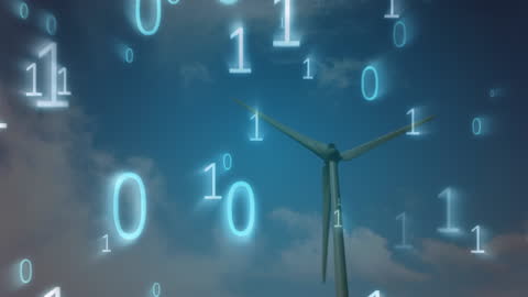 Digital Data Flowing Over Wind Turbine Against Cloudy Sky