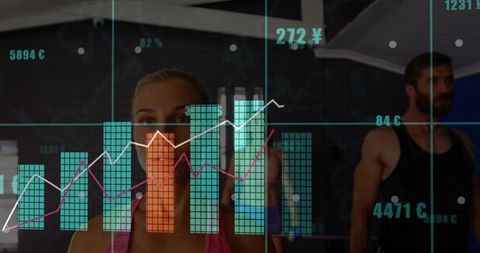 Fitness performance analytics overlay showing gym member progress and workout metrics