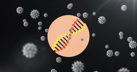 Artistic Visualization of DNA Strand Amidst Viruses