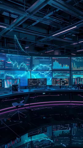 Vertical video panning curved trading console displaying live market charts with neon LED glow