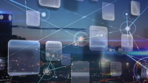 Digital Network Overlay on Modern Cityscape at Dusk