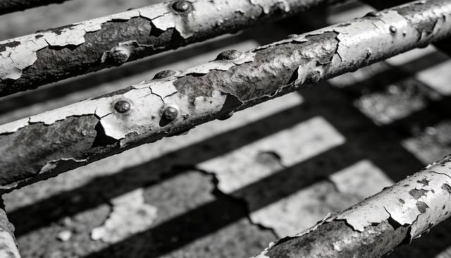 Peeling paint revealing rusted rivets on weathered metal bench bars, dramatic contrast