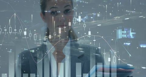 Businesswoman with Financial Analytics Display Overlaying Cityscape - Download Free Stock Images Pikwizard.com