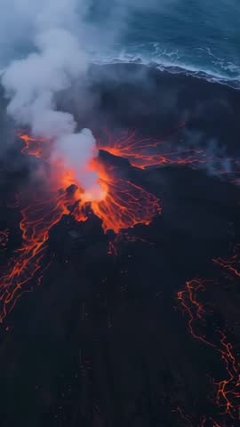 Aerial vertical video capturing coastal volcano erupting with lava flows and steam plumes