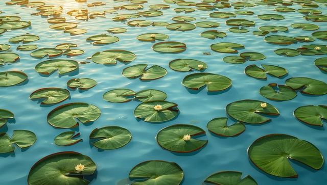 Sunlit lily pads floating on calm pond with white water lilies and golden reflections