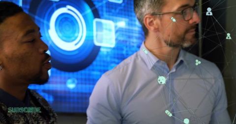 Two professionals interacting with augmented reality HUD interface for team collaboration