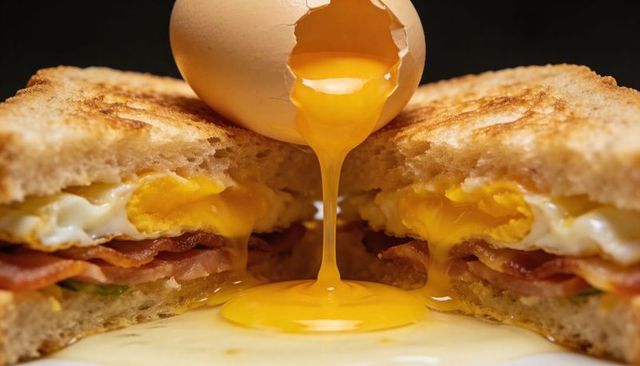 Runny egg yolk dripping over crispy bacon breakfast sandwich on toasted rustic bread