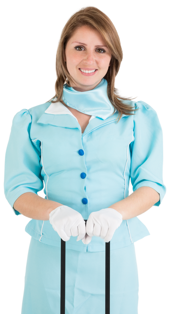 Happy Caucasian Stewardess in Blue Suit Holding Lagguage - Download Free Stock Videos Pikwizard.com