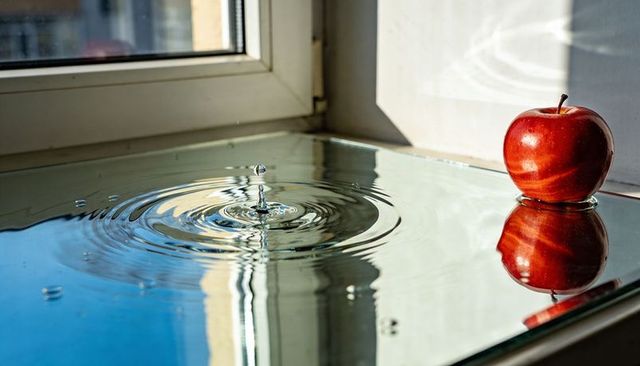 Reflecting red apple creating calm ripples and droplet column on mirrored glass by window