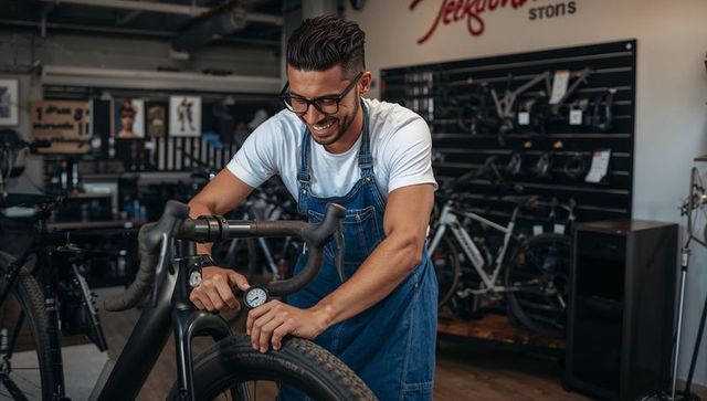 Smiling bike mechanic checking tire pressure on road bike in modern bicycle workshop