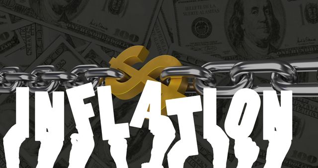 Digital composite image of chained dollar sign with inflation text, copy space. Economic crisis, inflation, recession, loss of paper wealth, severe and sudden upset in economy.