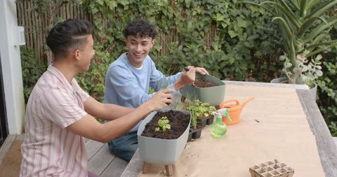 Diverse friends collaboratively planting herbs on backyard deck