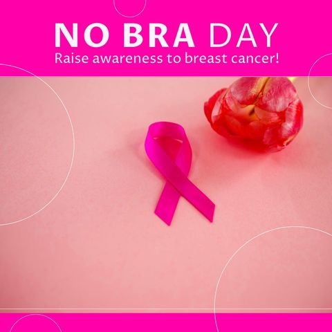 No bra day with pink ribbon and flower on pink background
