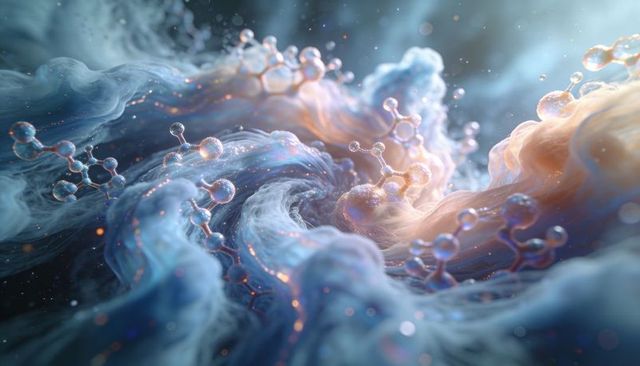 Iridescent molecular nebula with glossy bonded spheres floating in misty particle cloud