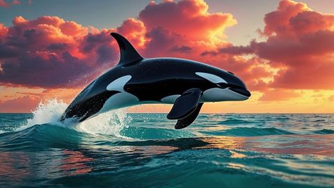 Orca breaching at scenic sunset over vibrant ocean