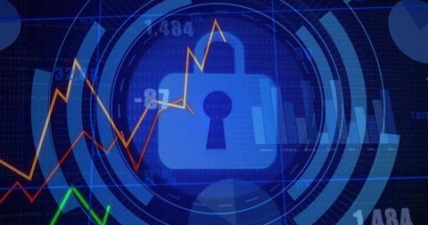 Padlock emphasizing cybersecurity analytics with rising line charts and hud rings