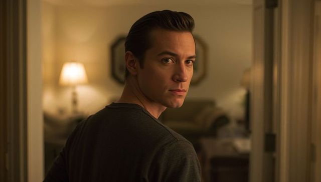 Man looking back in doorway with warm lamp light moody contemplative interior portrait evening
