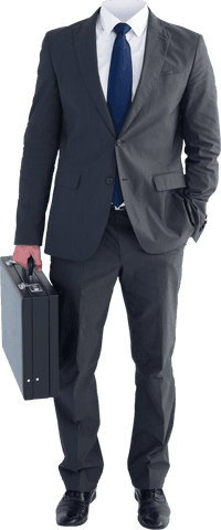 Transparent businessman holding briefcase without head