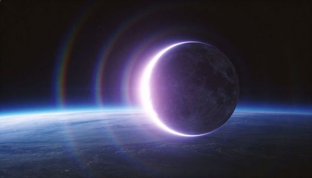 Eclipsed Moon Rising Over Earth Horizon with Purple Solar Glow and Lens Flares