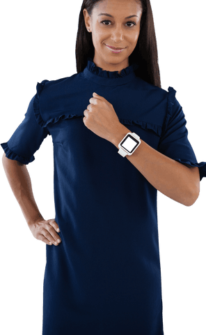 Smiling female executive displaying smartwatch on wrist transparent