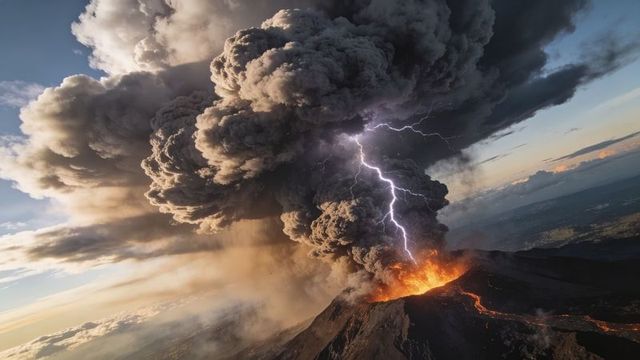 Volcanic cone erupting with towering ash plume, lightning and flowing lava aerial view