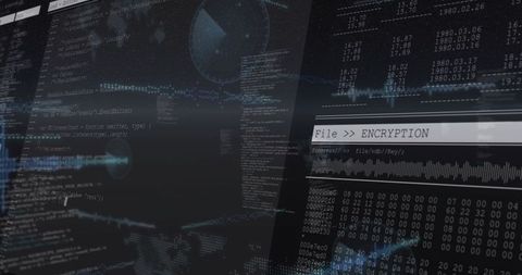 Cybersecurity dashboard displaying encryption, hex data, waveform and radar analytics