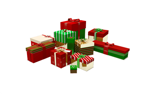 Transparent pile of wrapped christmas gifts