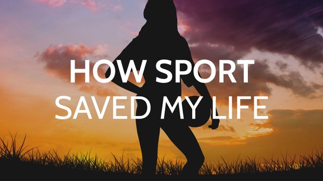 Silhouette of a woman holding a ball, standing in a field at sunset with inspirational text overlay 'How Sport Saved My Life'. Use for motivational content, sports encouragement, mental health awareness, or personal stories. Ideal for articles, blogs, posters, and social media campaigns promoting the positive impact of sports.