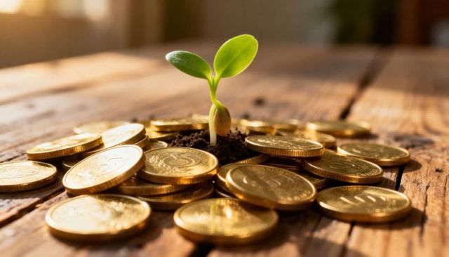 Seedling growing from gold coins representing financial growth and sustainable investment