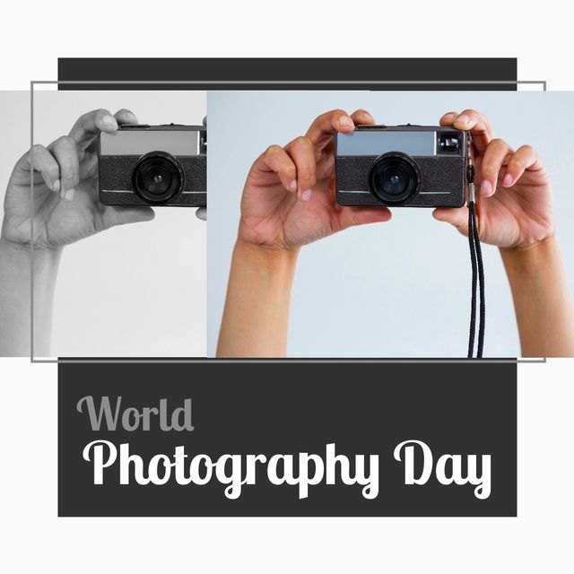 Image of world photography day and hands of caucasian woman with camera. Photography, creation and memories concept.