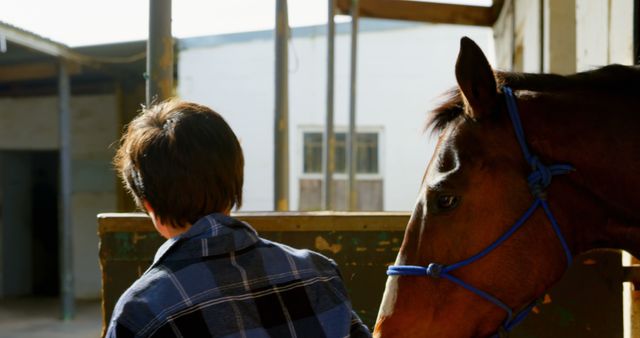 Boy in plaid shirt standing next to horse in stable. Useful for themes of agriculture, rural life, animal care, friendship between humans and animals, and farm activities.