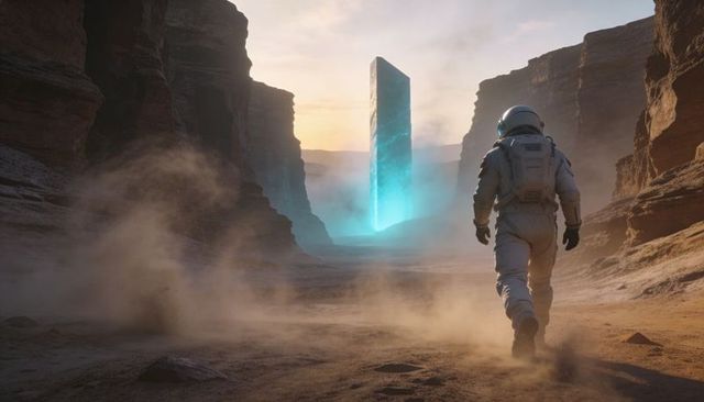 Astronaut walking toward glowing cyan monolith in desert canyon at sunset, futuristic discovery