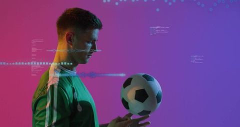 Focused Soccer Player Balancing Ball with Digital Data Overlay on Magenta-Teal Gradient