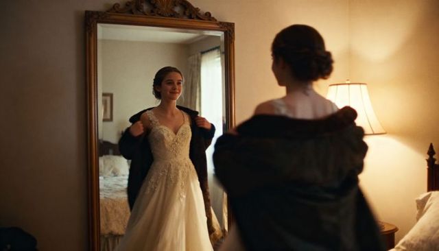 Bride adjusting lace wedding dress with dark fur wrap in mirror reflection intimate moment
