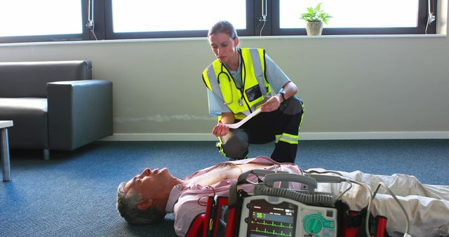 Paramedic performing emergency procedure on man with defibrillator - Download Free Stock Images Pikwizard.com