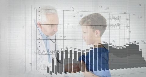 Doctor examining child in clinic with digital health analytics interface