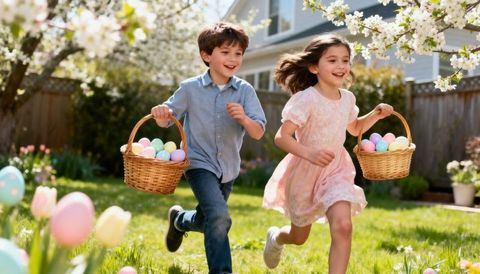 Kids running with easter baskets filled with pastel eggs in sunny backyard blossom garden joy