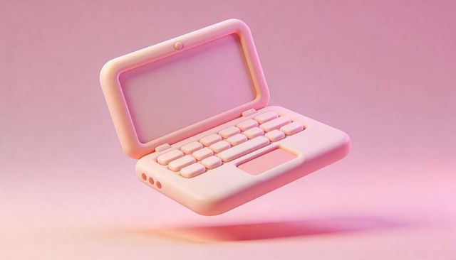 Floating pastel-pink mini clamshell laptop showing rounded keys and compact playful design