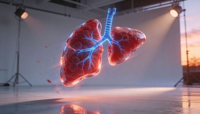 Glowing 3d human lungs floating with illuminated bronchial tree in dramatic studio light