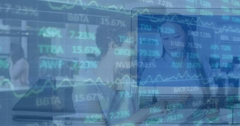 Diverse Women Collaborating with Overlay of Stock Market Data