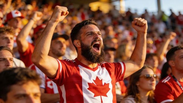 Bearded fan cheering and raising fists in stadium wearing canadian maple leaf jersey
