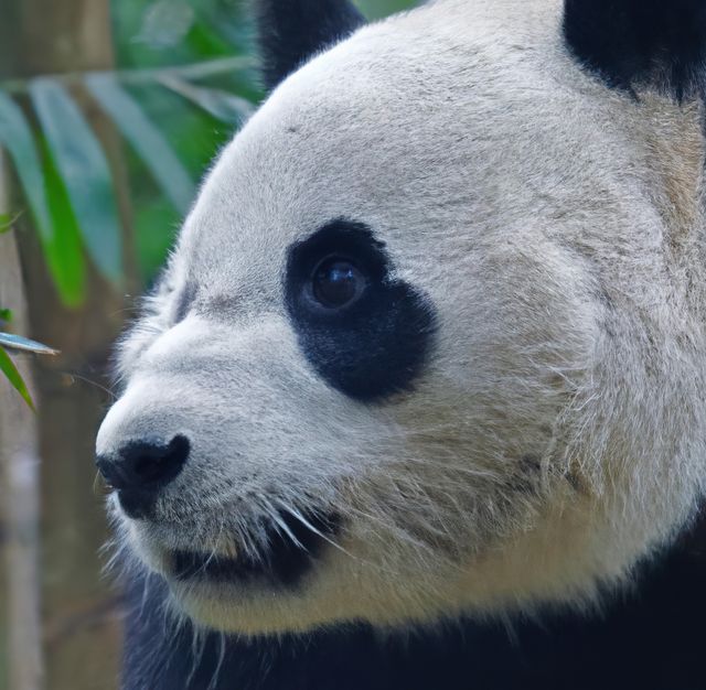 This close-up captures the distinctive appearance of a giant panda with black and white fur. Perfect for use in nature documentaries, wildlife conservation materials, and educational resources on endangered species. Can be used in articles and blogs about panda habitat and conservation efforts.