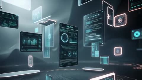 Holographic Panels in Virtual Digital Space with Futuristic Dashboard