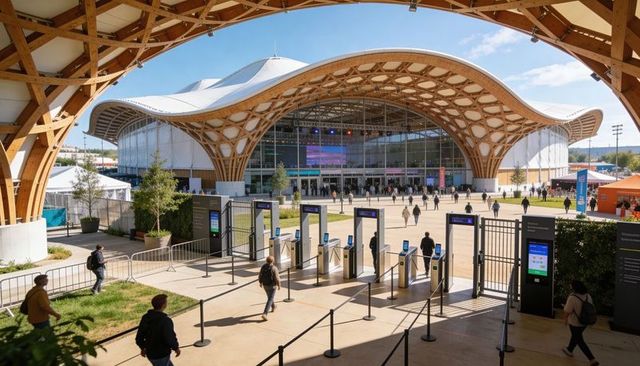Visitors entering modern timber lattice canopy exhibition center through card gates
