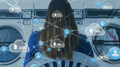 Networked Connections Animated Over Woman in Laundry