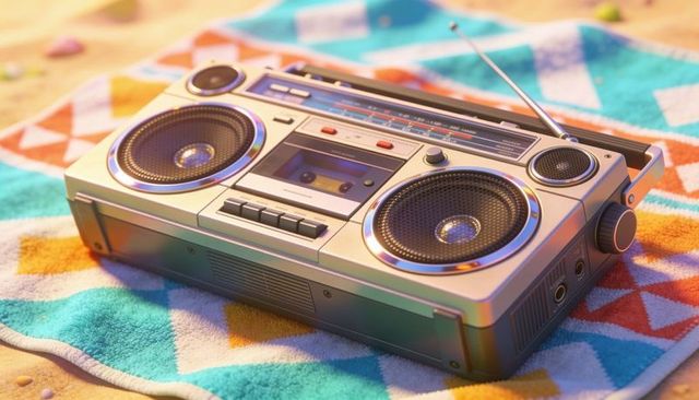 Retro boombox playing cassette on bright geometric beach towel in sunlit seaside scene