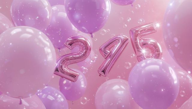 Rose gold metallic number balloons 245 floating with pastel latex bubbles and bokeh