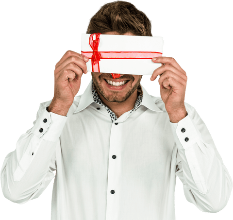 Transparent Joyful Man Playfully Holding Gift